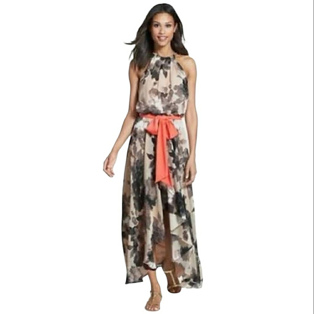 Eliza J Floral Hi-Lo Hem Gold Chain Halter Chiffon Dress Black Cream Gray 14